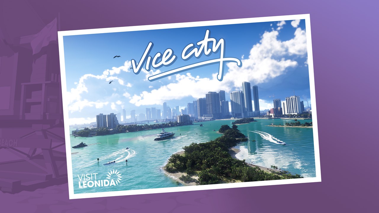 Official illustrated Vice City postcard with waterfront architecture and palms